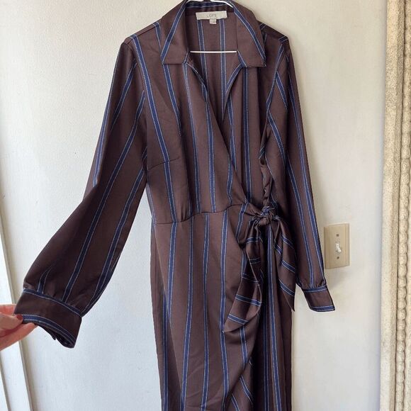 LOFT Brown Satin Striped Wrap Midi Dress w/ Waist Tie, Collared, Size M - Picture 11 of 12